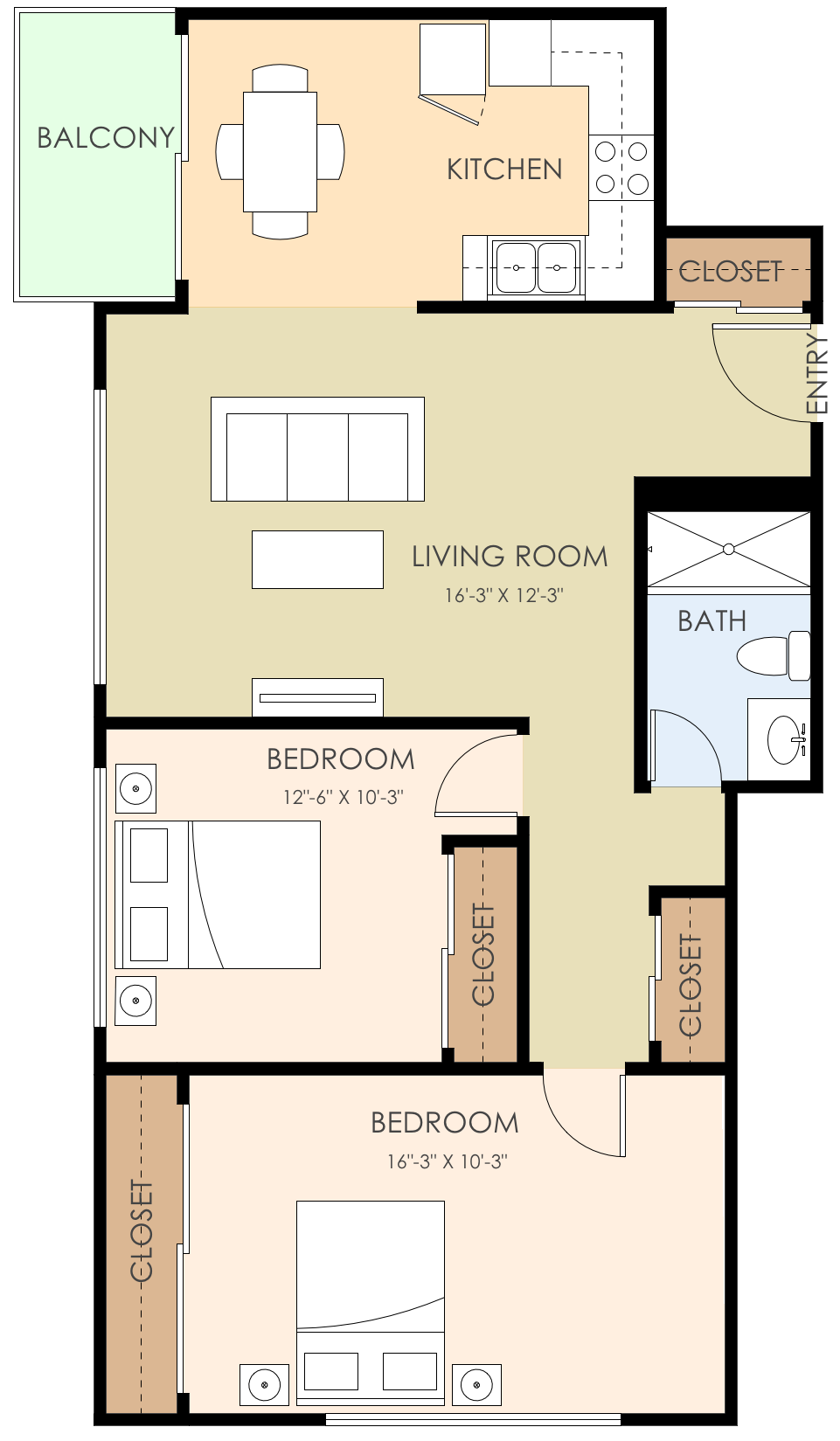 Floor plan for 2 beds, 1 bath